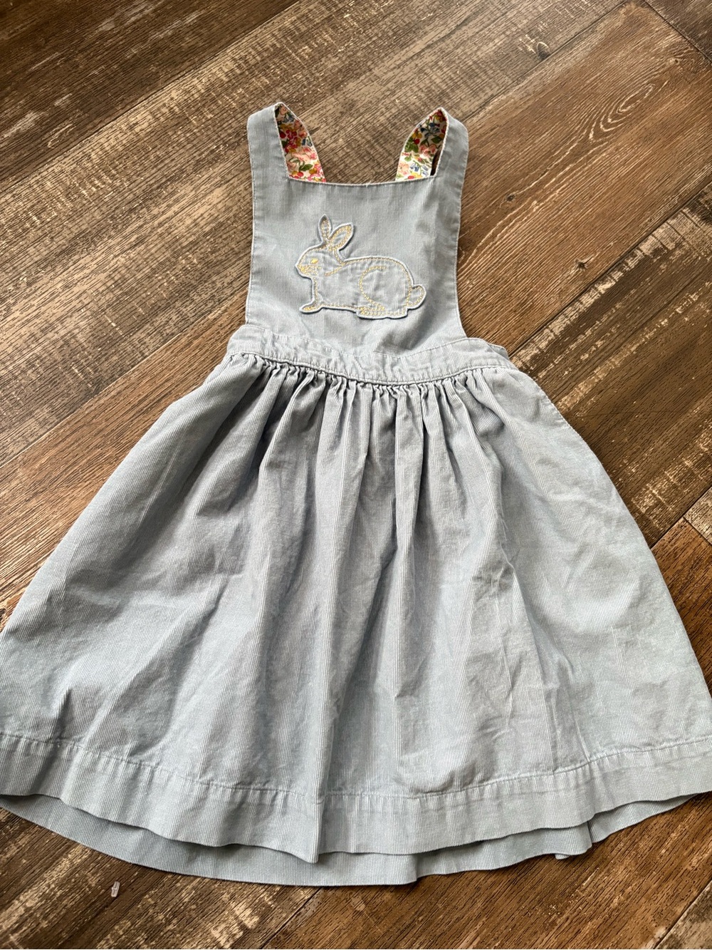 Mini Boden Light Blue Bunny Pinafore Dress with Floral Straps